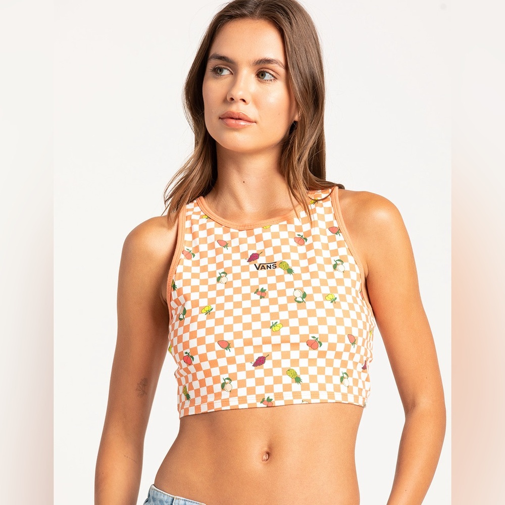 Vans Orange and White Checkerboard Fruit Print Cropped Tank